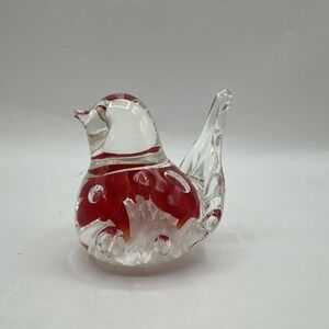 Joe Rice Signed Red Floral Bird Paperweight‎ Hand Blown Art Glass 2001